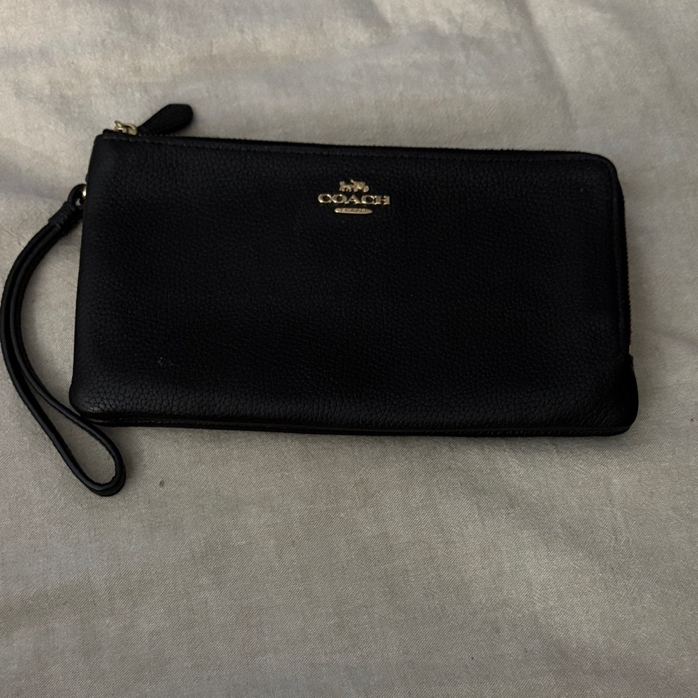 Coach Black Pebbled Leather Wristlet with Gold Logo